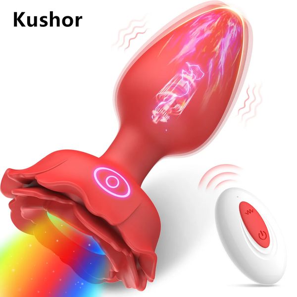 Vibratori Kushor Plug anale Vibratore Buttplug Giocattolo del sesso per donna Uomo Massaggio prostatico Vagina Telecomando senza fili Luce a led Analplug 231204