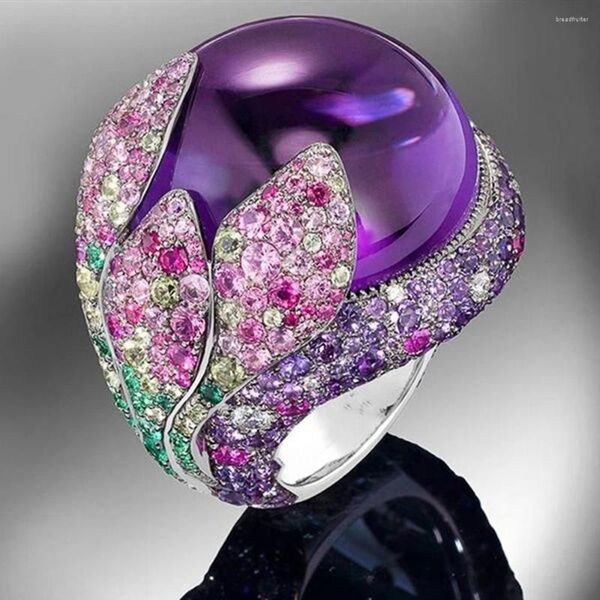 Anelli a grappolo Huitan Splendido colorato Zircone cubico Viola Perla d'imitazione per le donne Festa da ballo Anello regalo delicato Gioielli di moda da donna