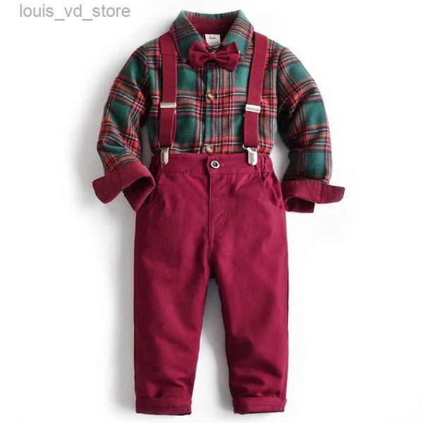 Kleidung Sets Junge Weihnachten Kostüm Kinder Kind Outfit Geburtstag Baby Jungen Kleidung Grün Rot Plaid Infant Langarm Hemd + hose + Riemen Set T231204