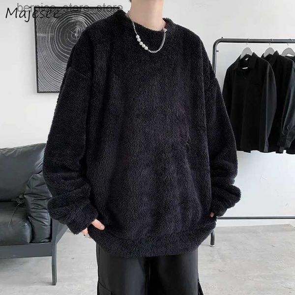 Herren-Kapuzenpullover, Sweatshirts, Herren, O-Ausschnitt, Plüsch-Hoodies, weich, einfarbig, männlich, lässig, Basic, Flanell, warm, bequem, Vintage-Sweatshirt im Japan-Stil, Übergröße, S-3XL, Q231204