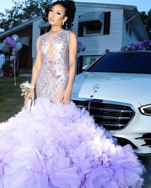 Lilla Viola Sirena Prom Pageant Abiti Sparkly Crystal Sheer Mesh Black Girl Abito da sera lungo abiti da gala 2024