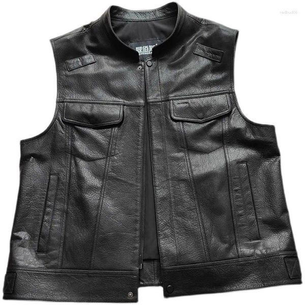 Coletes masculinos SOA MC Motociclista Colete Mens Genuíno Colete de Couro Sem Mangas Jaquetas Stand Collar Preto S-5XL