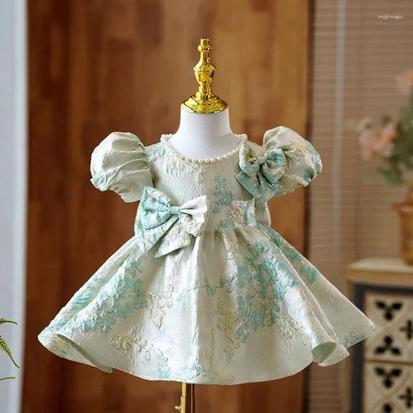 Kız Elbiseler Kız Kız Bebek Doğum Günü Partisi O-Neck Puff Sleeve İnciler Tasarım Yay Çiçeği 2023 Yaz Zarif Prenses Vestidos