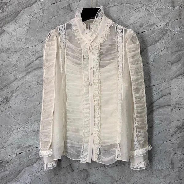 Damenblusen Top Qualität Seidenbluse Hemd 2024 Frühling Sommer Stil Frauen Spitze Patchwork Langarm Elegante Plissee Hemden Beige Schwarz