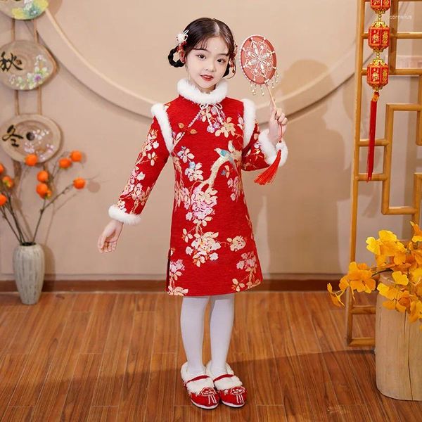 Этническая одежда 2023, зимнее винтажное детское традиционное китайское платье Ципао на свадьбу, платье Ципао, красный год
