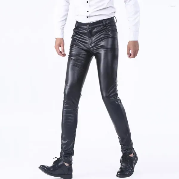 Calças masculinas homens falso couro fino ajuste com bolsos cintura média macio respirável elástico cor sólida para um