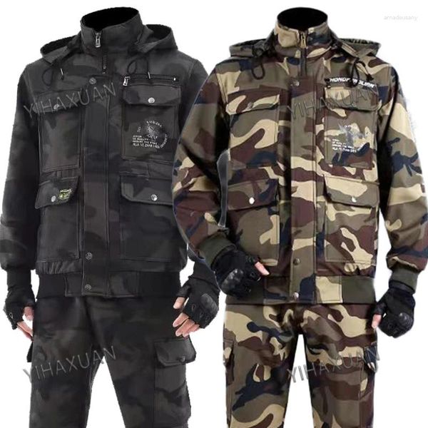 Fatos masculinos roupas de trabalho outono inverno pelúcia multi bolso camuflagem conjunto engrossado resistente ao desgaste quente roupas de proteção do trabalho