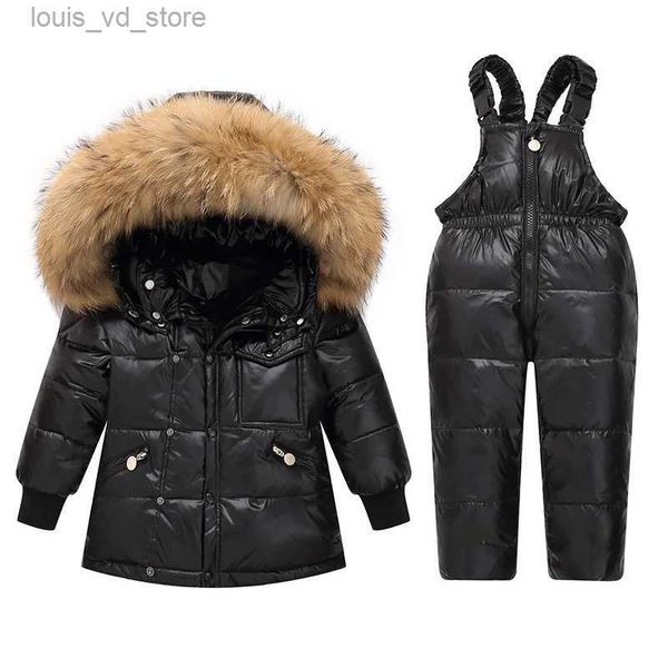 Conjuntos de roupas de inverno crianças conjuntos de roupas de neve desgaste jaqueta bebê menino criança menina snowsuit crianças roupas parka casaco com capuz de pele real -30 T231204