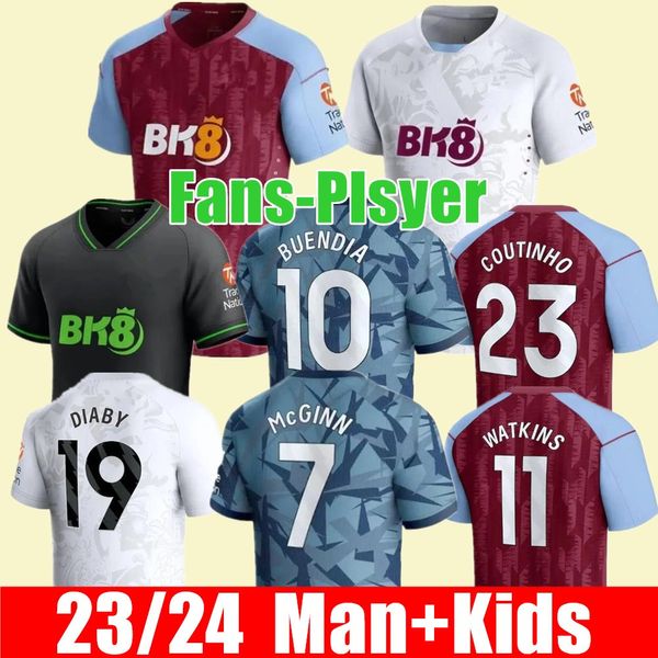 Douglas Luiz Soccer Jerseys Kids Home 2023 Aston Villas 2024 Football Shirt Away Third Camisetas MINGS McGINN BUENDIA WATKINS Maillot Black Goleiro Jogador Fan Go