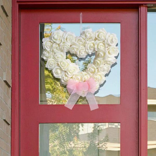 Декоративные цветы, свадебное украшение, реалистичный венок из роз с бантом для вечеринки, сердце любви, входная дверь дома
