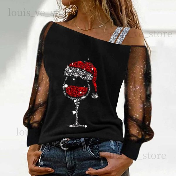 Kadın T-Shirt Obs omuz Kadın Noel Blon Şarap Cam Baskı Noel Bluz Pekalı Ekleme Mesh Uzun Kollu Kadın Üstleri Blusa Mujer T231204