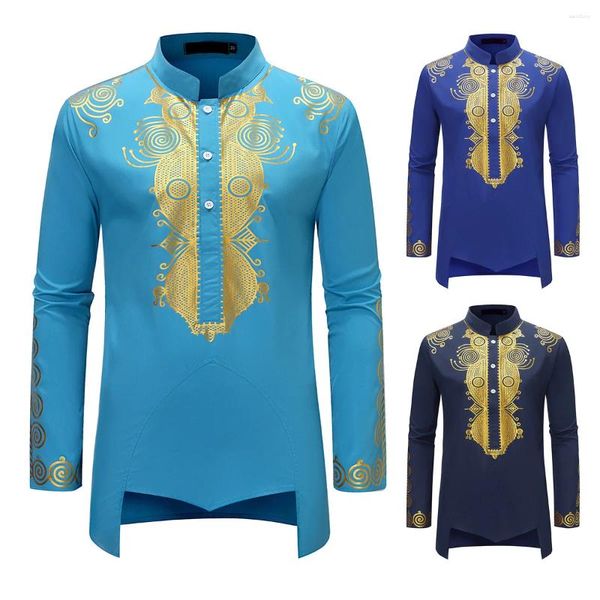 Roupas étnicas Dubai Luxo Casual Islâmico Árabe Abaya Robe Moda Impressão Stand Collar Juventude Mid-Comprimento Camisa Casaco Homens Muçulmanos