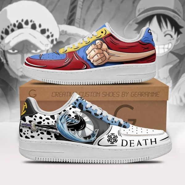 Mode Anime Kleid Schuhe Männer Frauen Luffy Und Law Air Sneakers Italien Beliebte Low Top Manga Leder Designer Paar Benutzerdefinierte Animes Laufen Sportschuhe MN2306 EU 36-48