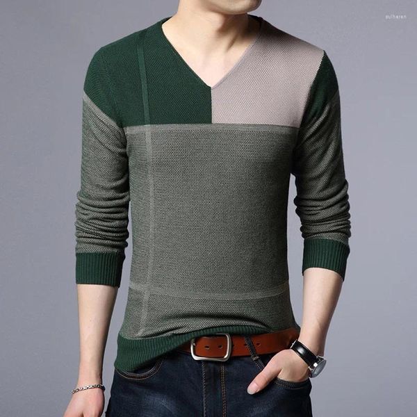 Suéteres masculinos 2023 KPOP Moda Estilo Harajuku Slim Fit Tops Casual All Match Knitwear Fino V Neck Insert Patchwork Manga Longa