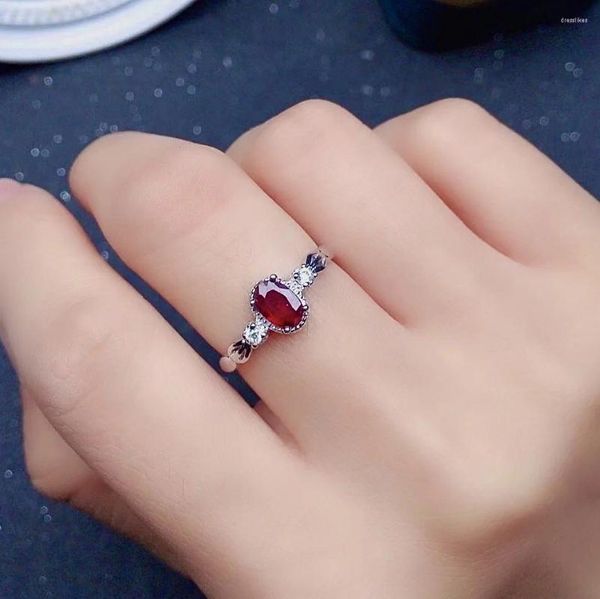 Anéis de cluster simples prata rubi anel para noivado 0.5ct 4mm 6mm natural 925 jóias esterlinas presente menina