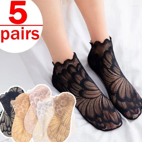 Meias femininas 5 pares de renda flor malha verão oco invisível fino curto antiderrapante forro respirável algodão senhoras tornozelo