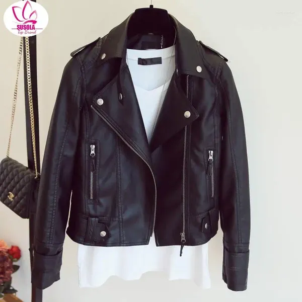 Couro feminino senhora design primavera outono jaqueta pu falso casaco macio fino preto rebite zíper jaquetas de motocicleta