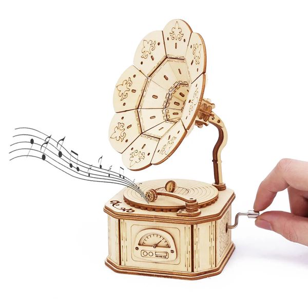 Diecast Modell Phonograph Holz Spieluhr DIY Mechanismus Montage Modell Bausatz 3D Puzzle Schreibtisch Dekoration Geburtstagsgeschenk 231204