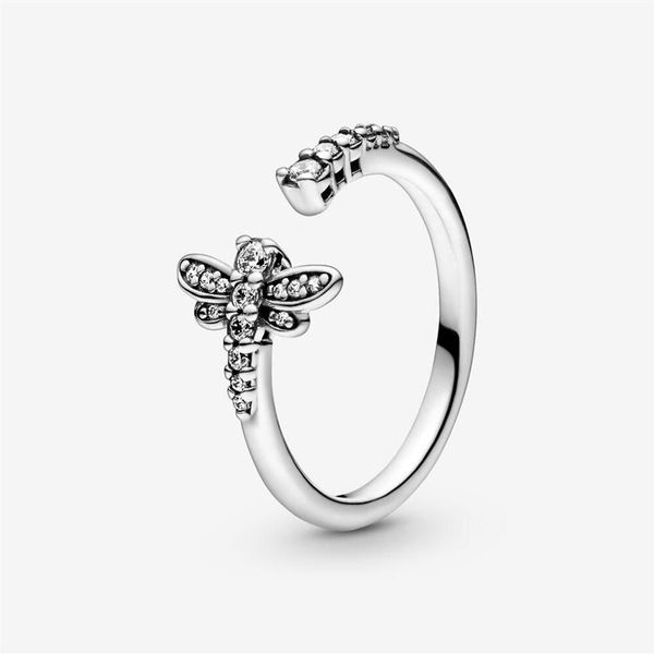 Nova marca 100% 925 prata esterlina espumante libélula anel aberto para mulheres anéis de noivado de casamento moda jóias266a