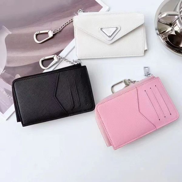 Designer de luxo clássico masculino e feminino carteiras triângulo etiqueta metal corrente armazenamento couro aparência nível moda cartão saco titular