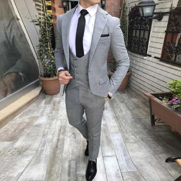 Ternos masculinos cinza slim fit, terno para noivo, smoking, 3 peças, conjunto de moda masculina, jaqueta com calças, colete, casamento, noite, baile