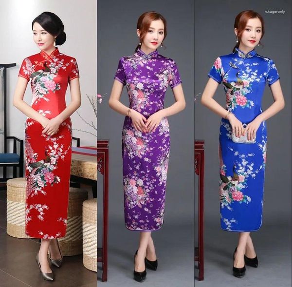 Ethnische Kleidung Rotes schlankes chinesisches traditionelles Cheongsam Kurzarm vorne geteiltes Vintage-Kleid Frauen Langes Pflaumen-Qipao