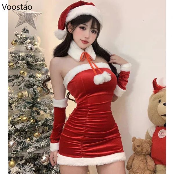 Kentsel Seksi Elbiseler Sonbahar Kış Noel Kırmızı Elbise Kadın Seksi Peluş Patchwork İnce Partisi Mini Elbise Set Kadın Velvet Süper Kısa Etek Şapka 231204