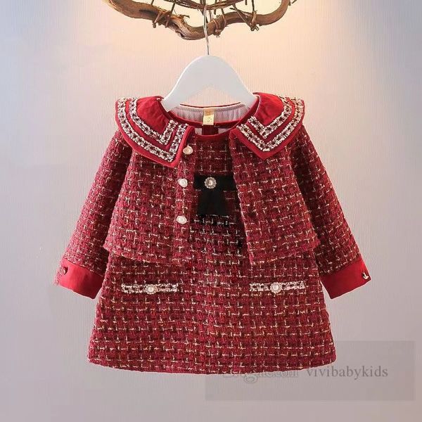 Weihnachts-Kleidungssets für kleine Mädchen, Weihnachten, Kleinkind, Kinder, rot kariert, Woll-Outfits, Kinder, Marineblau, Revers, Langarm, Mantel, Schleifen, Krawatte, Weste, Kleid, 2 Stück Z5757