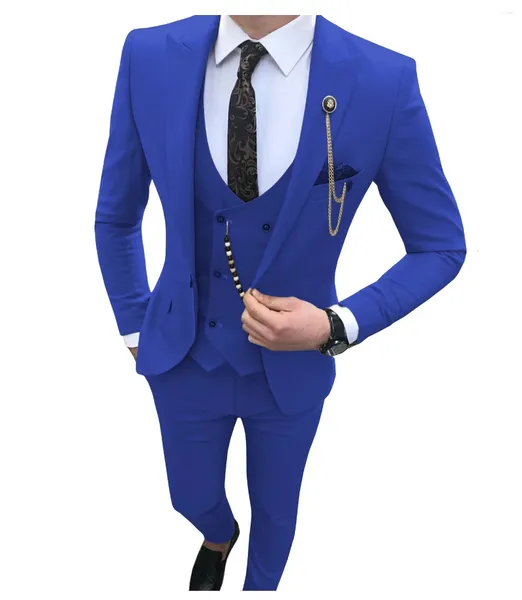 Erkekler Suits Erkekler İnce Fit 3 Parça Kraliyet Blue Düğün Takım İçin Günlük Balo Smokin Damat (Blazer Yelek Pantolon)