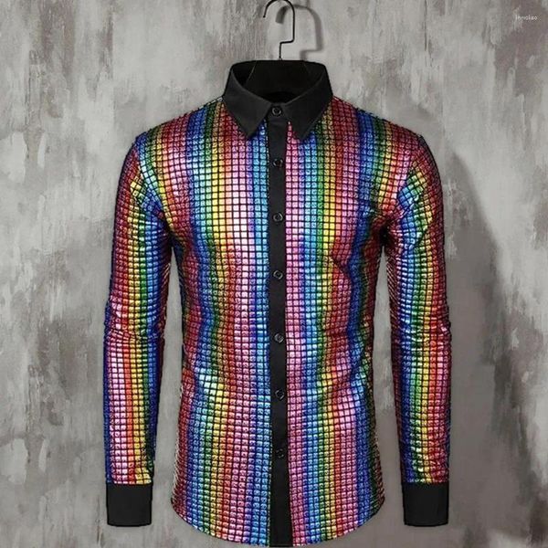 Männer Kleid Hemden Club Dance Männer Hemd Pailletten Stehkragen Für Disco Bühne Leistung Glänzend Glatt Vintage Top Mit lange