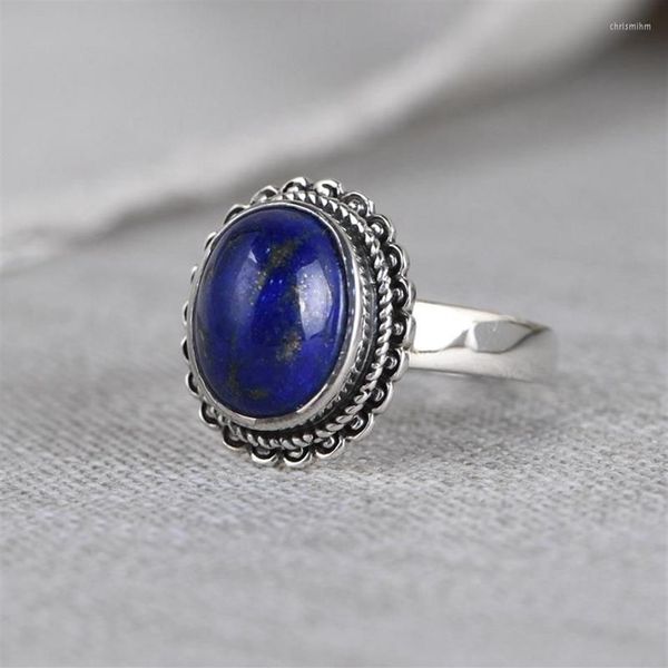 Cluster Ringe FNJ 925 Silber Lapis Lazuli Echt Original S925 Solide Prue Ring Für Frauen Schmuck Vintage Oval Flower311E