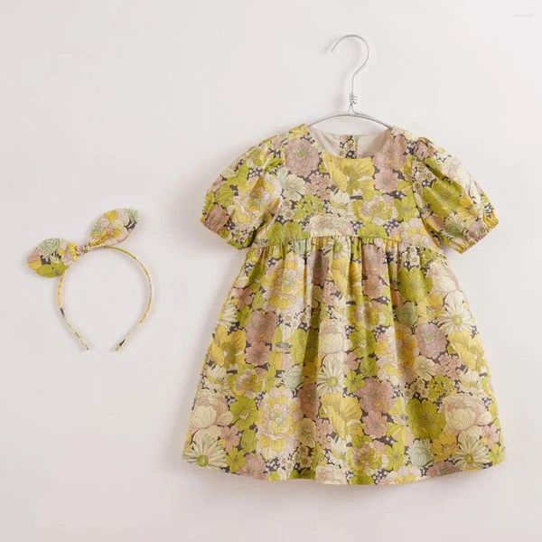 Vestidos de menina Marcjanie meninas vestido verão bolha manga crianças roupas flor bebê criança 210279 série francesa