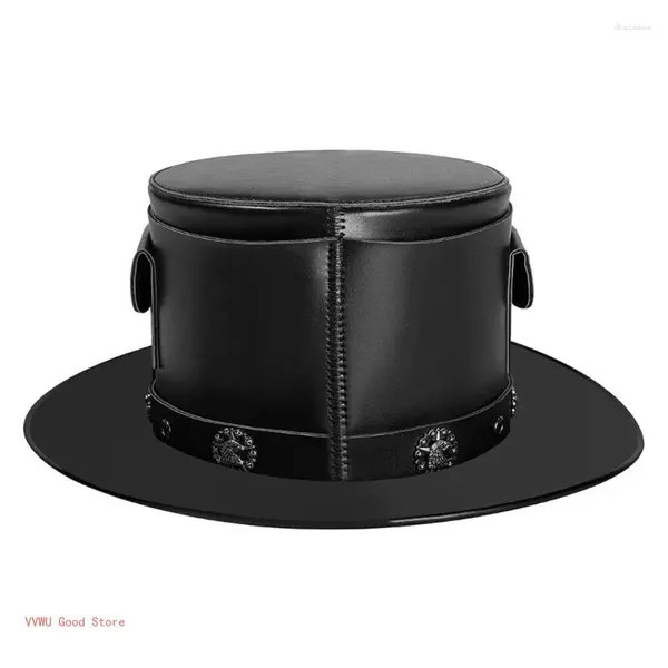 Berets Steampunk Zylinder Für Erwachsene PU Leder Magier Kappe Vintage Viktorianischen Cosplay Kostüm Frauen Männer Halloween Party