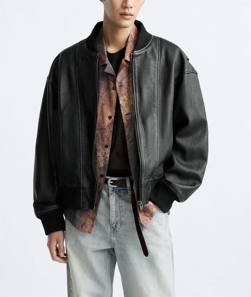 Erkek Ceketler 2023 Retro Yıkama Eski Craft Pu Deri Ceket Moda Sonbahar ve Kış Yuvarlak Boyun Siyah Kat Üstü