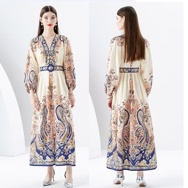 Vintage Paisley Çiçek Parti Boho Maxi Elbise Kadın Tasarımcı V Yağ Yüksek Bel Tatil Elegant Tatili Elbise 2023 Bahar Sonbahar Moda Pist Uzun Kol Frocks