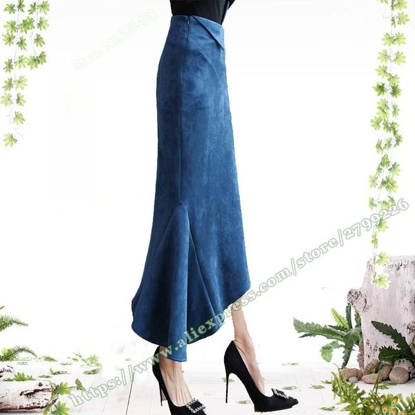 Röcke 2023 Koreanische Mode Slim Plus Size Rock Vintage Wildleder Sexy Fit Asymmetrische Rüschenkante Eingewickelt Hüfte Lang für Damen