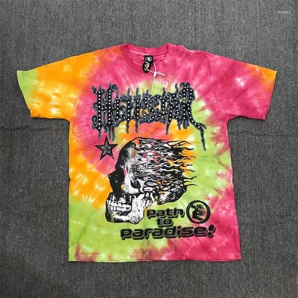 Homens Camisetas Hellstar Tie Tingido Graffiti Esqueleto Frente e Traseira Impressão Pesada Artesanato Algodão High Street 1:1 Grande Top Feminino T-Shi