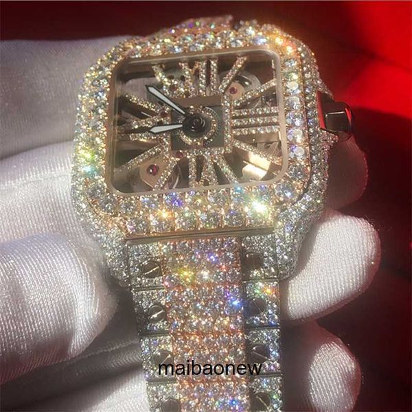 Iced Out-Uhr mit Diamanten, neue Version, Moissanit-Diamanten-Uhr, Roségold, gemischtes Silber, Skelett-Uhren, bestandener Test, Quarzwerk, Top-Herren-Luxus-Voll-Iced-Out-YB85D