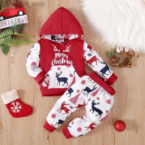 Kleidungssets Prowow Mein erstes Baby-Weihnachtsoutfit Junge Kleidung Kapuzenoberteil + Rotwildhose 2023 Kleinkind Neujahrskostüm Kinder 3-24 Monate T231204