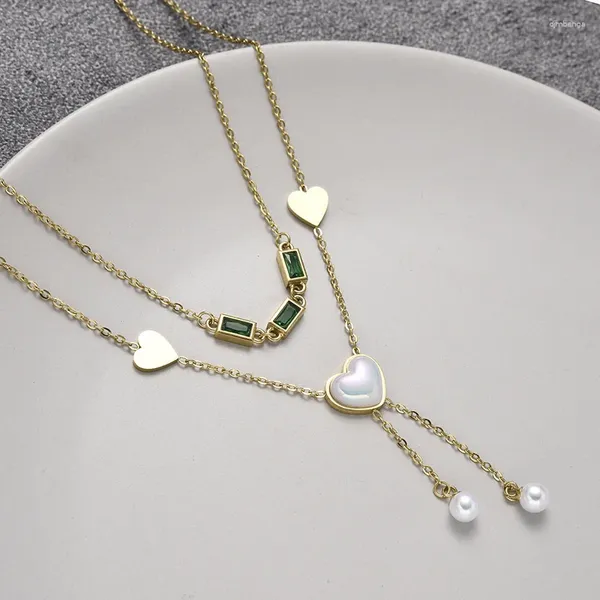 Pingente colares moda pérola colar feminino em forma de coração pérolas verde cristal ashlar pescoço corrente jóias presente