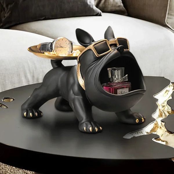 Decorações de Natal Enfeite de Cão Grande Boca Francês Bulldog Butler Caixa de Armazenamento com Bandeja Nordic Tabela Decoração Resina Animal Escultura Estátua 231204