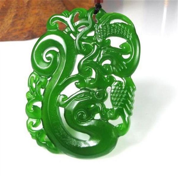 Nuova giada naturale Cina Collana con ciondolo in giada verde Amuleto Collezione di statue del drago fortunato e della fenice Ornamenti estivi306R