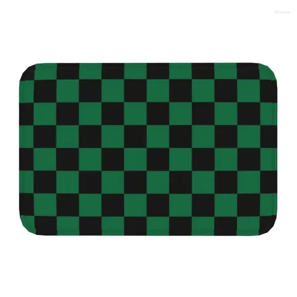 Tapetes Preto e Cádmio Verde Checkerboard Capacho Anti-Slip Entrada Banheiro Cozinha Tapetes Tapete Geométrico Xadrez Tapete