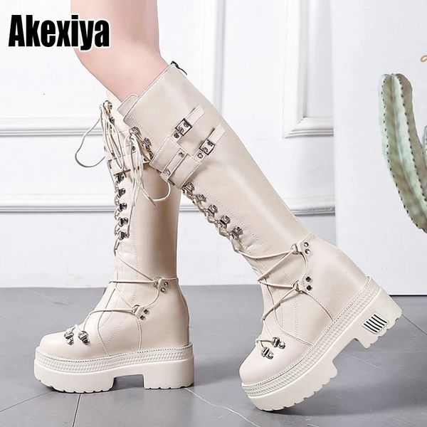 Botas 10cm salto motocicleta preto joelho alto punk cosplay moda goth cunhas plataforma saltos bota sapatos 231204