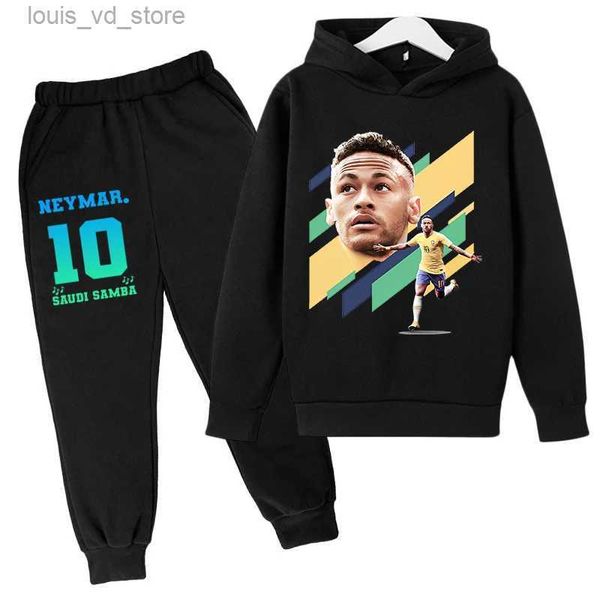 Giyim Setleri Neymar Baskılı Çocuk Giyim Çocuk Sonbahar ve Kış Hoodie Seti Plus Velvet Sweatshirt Taytlar Siyah 2 Parçalı Set T231204