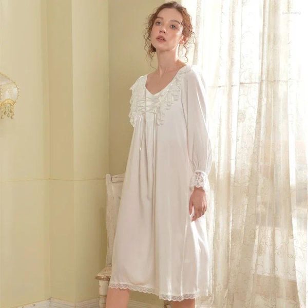 Mulheres sleepwear romântico princesa nightwear vitoriano vintage outono solto malha manga cheia camisola doce algodão longo vestido de noite