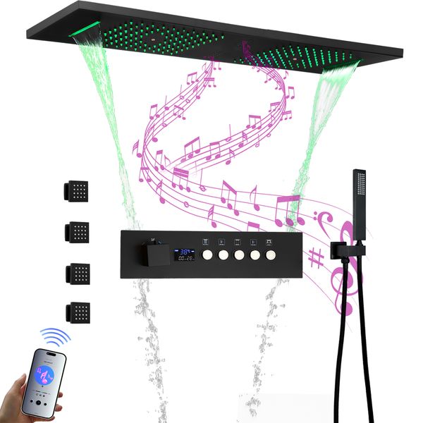 Sistema de ducha Led con música, 36x12 pulgadas, montado en el techo, lluvia, niebla, cascada, pantalla de ducha, grifo de ducha Led termostático para Baño
