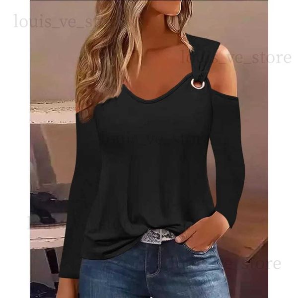 Damen-T-Shirt, Frühling und Herbst, Damen, einfaches Oberteil, sexy, schulterfrei, langärmelig, Metallknopf-T-Shirt, T231204