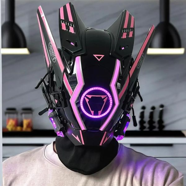 Maschere per feste Casco cyber punk Maschera techwear Shinobi Samurai Uomo Cosplay con luce a LED Robot Punk Tech Armatura Giocattolo futuristico 231204