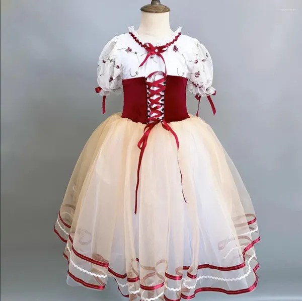 Stage Wear Giselle Tutù di balletto professionale Gonna Abito da ballo in tulle Body lungo rosso Vestiti per ragazze